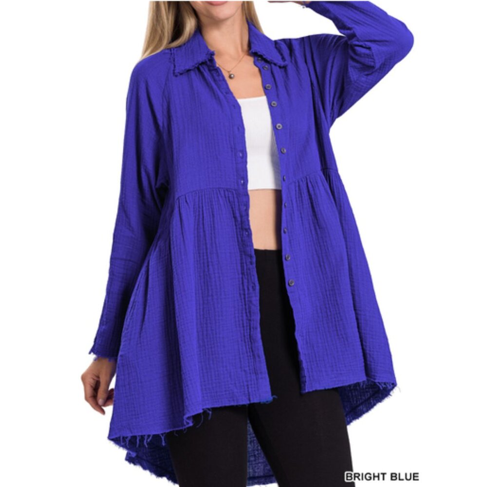 NWT ZENANA DOUBLE GAUZE RAW EDGE SHIRT WITH POCKETS